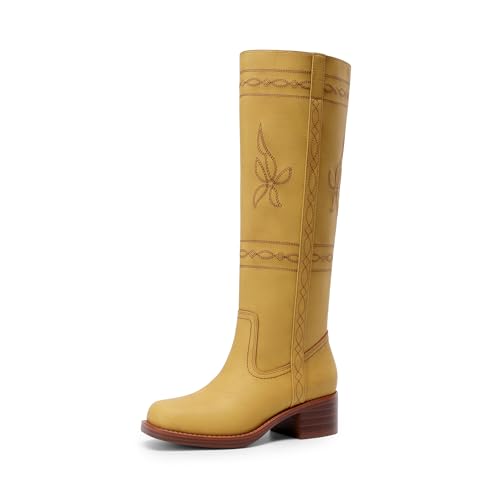DREAM PAIRS Womens Knee High Boots Pull-on Tall Shaft with Western Stitching Vintage Style Comfortable Square Toe Boots for Women Size 8 Yellow SDKB26006W