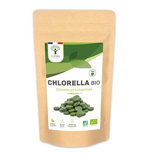 Chlorella Bio - Bioptimal - Complément Alimentaire - Protéine Vitamine B12- Poudre Chlorelle Pure - Compressé à froid - 500mg / Comprimé - Conditionné en France- Certifié Ecocert - 150 comprimés