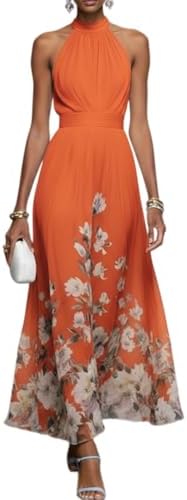 Light Blue Floral Chiffon Halter Sleeveless Maxi Dress Spring Wed...