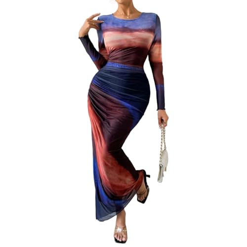 Image of LIGHT DOT Women's Printed Bodycon Maxi Dress Long Sleeve Tie Dye Mesh Ruched Cocktail Dress
