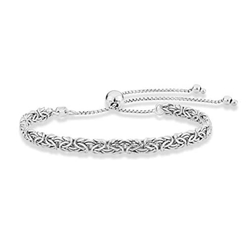 Miabella Italian 925 Sterling Silver 4mm Byzantine Adjustable Bolo Link Chain Bracelet for Women Handmade in Italy