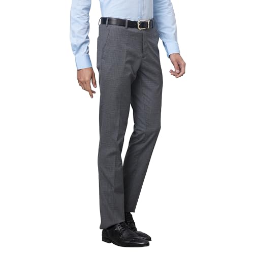 Image of Raymond Men's Slim Fit Mid Rise Structure Pattern Poly Viscose Blend Pleatless Formal Trouser