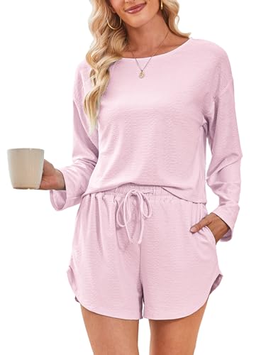 Kikibell Womens 2 Piece Pajamas Sets Long Sleeve Top and Shorts Matching Lounge Set Loungewear Sleepwear Pjs Pink Medium