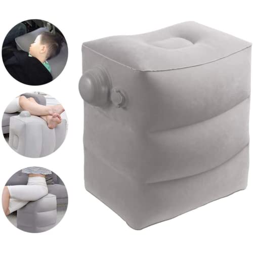 Image of Inflatable Foot Rest Pillow with Innovative No Mouth Blow Single Built In Pump Nozzle - Portable Travel Leg Support & Seat Extension for Airplane, Office, Car, Home & Camping (Pack of 2, Grey)