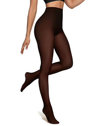 OEAK Womens Fleece Lined Tights Fake Translucent Pantyhose Thermal Opaque High Waisted Winter Legging Footed Sheer Tights 220g Fake Translucent Chocolate L/XL
