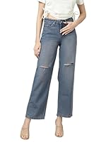 Blue Dark wash 5-Pocket high-Rise Wide Leg Jeans, Low Distress, no Fade, has a Button and Zip Closure, and Waistband with Belt Loops|Blue|32