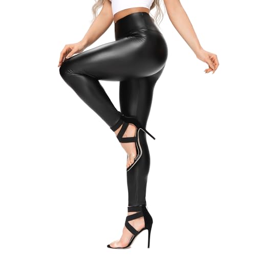 RIOJOY Womens Sexy Fleece Leather Leggings PU High Waist Butt