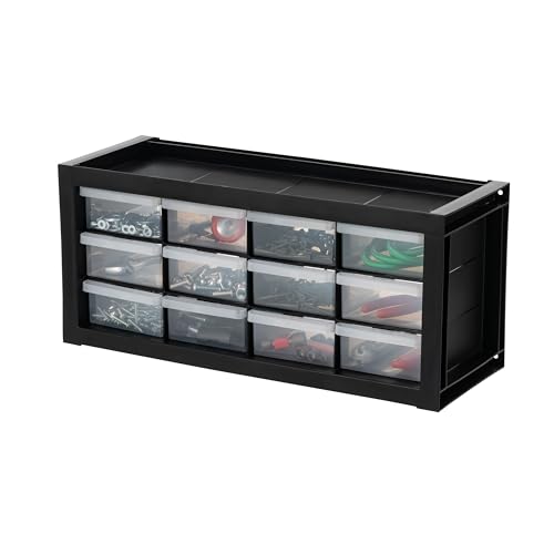Image of IRIS USA 12-Drawer Desk Storage Organizer, Made in USA, Small Parts Plastic Storage Drawers, Water Packet, Jewelry, Make up, Craft Supplies, Building Blocks, Charms, Nuts & Bolts, Black