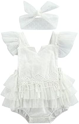 Baby Girls Summer Romper Dress Lace Tutu Skirt Ruffle Bodysuit Floral Print Jumpsuit Backless Overalls Headbands Set(B#16#White,6-12 Months)