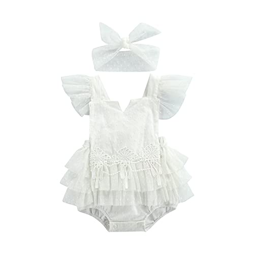 Baby Girls Summer Romper Dress Lace Tutu Skirt Ruffle Bodysuit Floral Print Jumpsuit Backless Overalls Headbands Set(B#16#White,6-12 Months) #TOP16