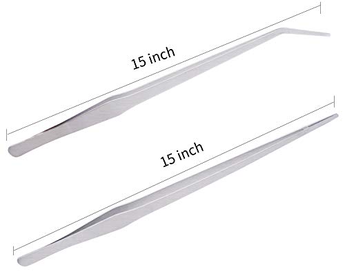 2-Pack 15 Inch Heavy Duty Stainless Steel Long Tweezers, Curved And Straight Design With Anti-Slip Grasp Tips Large Tongs For Reptiles Feeding, Aquascape Maintenance #TOP1