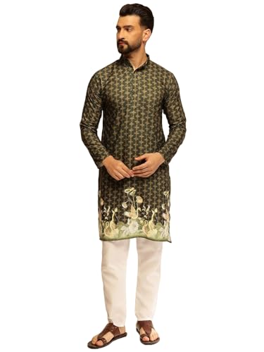 Image of SOJANYA (Since 1958 Men's Cotton Kurta Pyjama with Daman Print & Krochet Embroidery