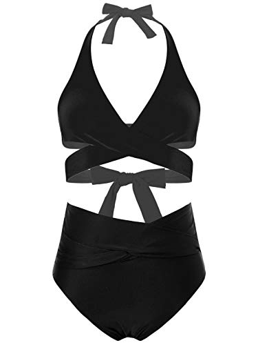 TTAO Conjunto de bikini sexy para mujer, traje de baño de dos piezas, push up, parte superior de bikini+cintura alta, pantalones cortos de baño con estampado S-XXL, Negro , S