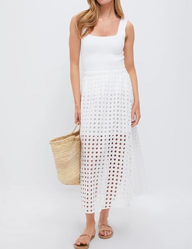 BONVEN Womens Summer Beach Maxi Skirt Eyelet Hollow Out Elastic Waist Trendy Casual Long Skirt with Underneath3
