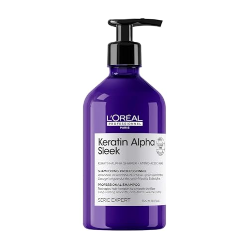 L'OREAL PROFESSIONNEL - Shampoing Disciplinant Keratin Alpha Sleek - -95% de Casse - Nettoie en Douceur & Renforce la Kératine des Cheveux - Technologie Brevetée - Sans Sulfate - pH Neutre - 500 ml