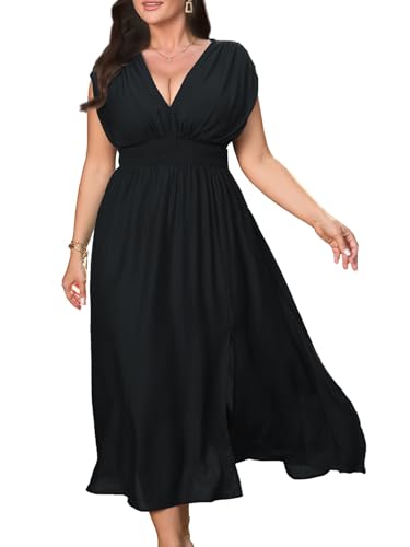 baronshion Womens Plus Size Dresses Short Sleeve V Neck Casual Dress Elastic Waist Flowy A Line Long Maxi Dresses Black