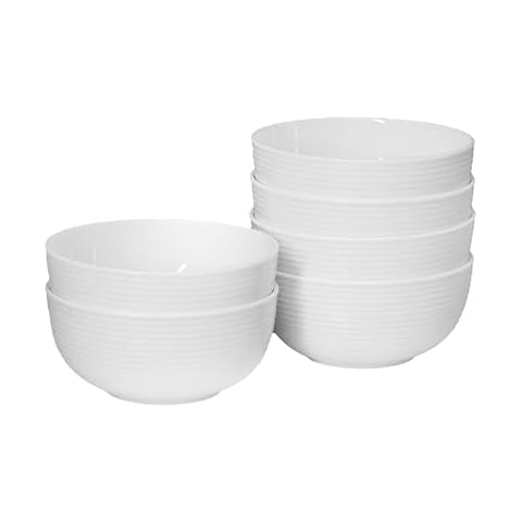 QOUTIQUE Bone China White Embossed Deep Bowl Set - 32 Ounce - Set of 6, 6 inch dia Large Cereal Bowl Set, For Soups and Salads, Serving Bowls, Large Capacity, Microwave & Dishwasher Safe Cover