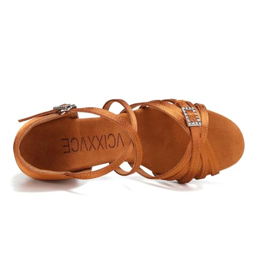 Girls Latin Dance Shoes Tan Low Heel Ballroom Tango Salsa Performance Practice Dancing Shoes2