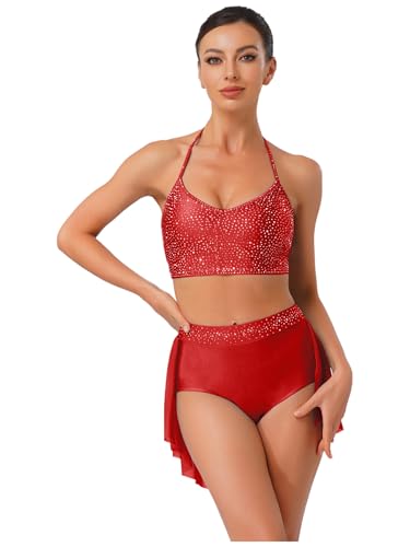 ranrann Ensemble Danse Contemporaine Femme Haut Court Dos Nu Strass Short Jupe Danse Latine Tenue Patinage Gymnastique Costume Pole Dance Rouge M