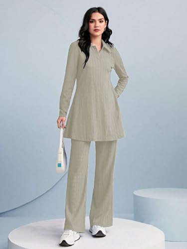Image of TADKEE Women's Solid Color Two-Piece Set | Long Sleeve Top & Wide Leg Pants Co-ord Set | Casual Wear Co ord Set