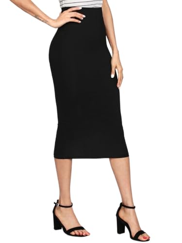 Womens Elastic Waist Pencil Midi Skirt Knee Length Skirts for Women