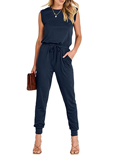 ANRABESS Womens Summer Sleeveless Jumpsuits Casual Dressy Stretchy Crewneck Rompers One Piece Outfits Fall Fashion 2025 Navy Blue Small