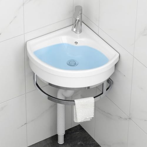 Fregadero de pared de esquina, mini lavabo de cerámica con colgador de toallas y desbordamiento, solución que ahorra espacio para baño, cocina, lavandería