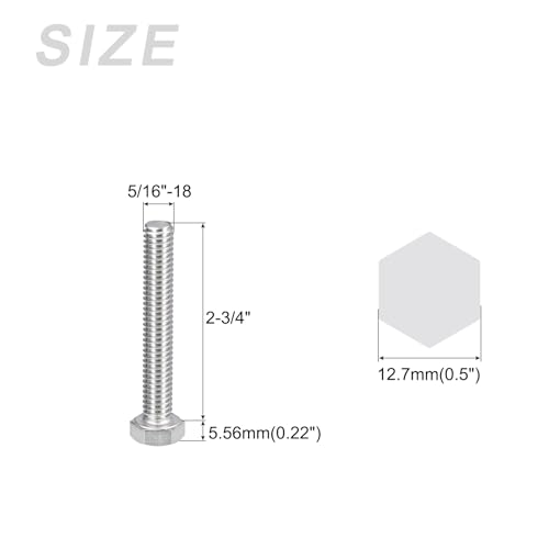 Image of METALLIXITY Hex Head Bolts (5 /16-18 x 2-3 /4 inch) 15Pcs, 304 Stainless Steel 18-8, Fully Threaded, External Hex Drive, Plain Finish, Hex Head Screw Bolt, Silver