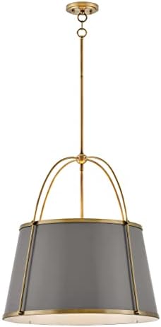 Hinkley Clarke Medium Drum Chandelier Pendant, Dark Matte Grey Metal Shade, 1-6" and 2-12" Down Rods, Even or Sloped Ceilings, Lacquered Dark Brass Finish