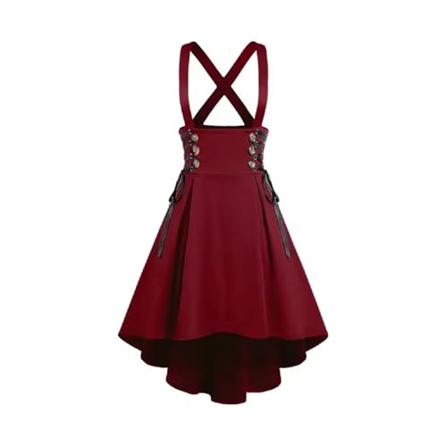 Overall Dress Plus Size Buttons Lace-up High Low Suspenders Skirt Women Wearable Back Zipper Fly Asymmetrical Strap(Red,XS_Medieval)