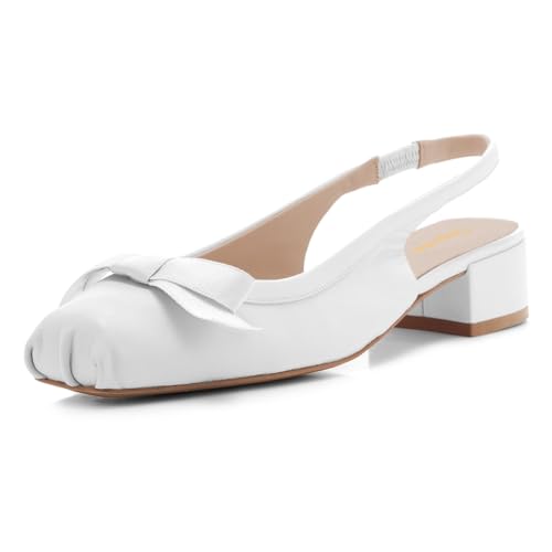 Tang'scuisins Women Elegant Bow Slingback Slip on Pumps Pleated Closed Square Toe Sandals Low Block Heels Stylish Prom Wedding Dress Party Shoes Size 4-16 US