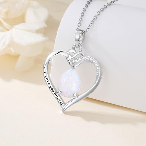 925 Sterling Silver Heart Opal with Genuine Diamond Necklace for Women Dainty October Birthstone Pendant Necklace Birthday Christmas Jewelry Gift for Mother Wife2