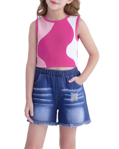 Image of YOURUIKER Girls Summer Outfit Kids Sleeveless Cute Tank Crop Top Pocketed Demi Jeans Set Tween Girl Preppy Clothes Size 5-12Y