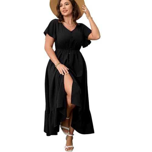 Image of RWJ Women Plus Size Maxi Dress V Neck Short Sleeve Button Trim Split Flowy Tiered Casual Long Dresses 2025 L-3XL