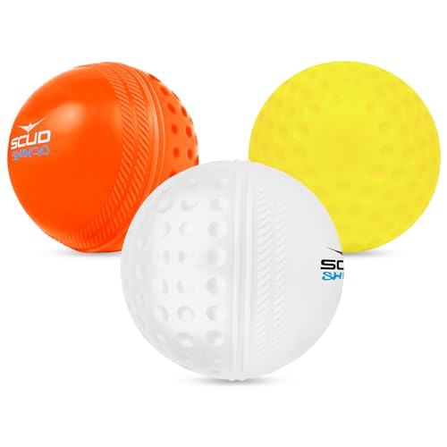 Image of SCUD Swingo Wind Ball for Cricket, Specially Designed for Swing, Dual-Surface Half-Dimple & Half-Smooth Design, PVC | 72.39mm Diameter, 105g(Pack of 3pc Balls, Muliticolor)