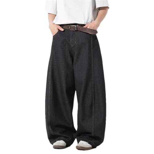 Men's Vintage Washed Jeans Loose Fit Wide Leg Elastic Waist Denim Pants Straight Trousers