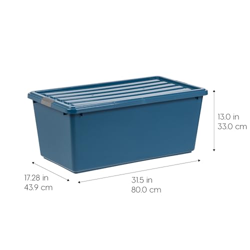 Image of IRIS USA 91 Qt Stackable Plastic Storage Bins with Lids, 4 Pack - BPA-Free, Eco-Friendly, Discreet Organizing Solution, Latches, Durable Nestable Containers, Secure Pull Handle, Made in USA - Navy