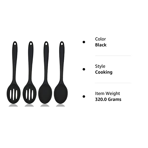 4 Pieces Silicone Cooking Spoons Set Silicone Serving Spoon Silicone Nonstick Mixing Spoons Slotted Spoons Large Nonstick Heat Resistant Spoons For Kitchen Cooking Bake Stir Draining Tool (Black) #TOP7