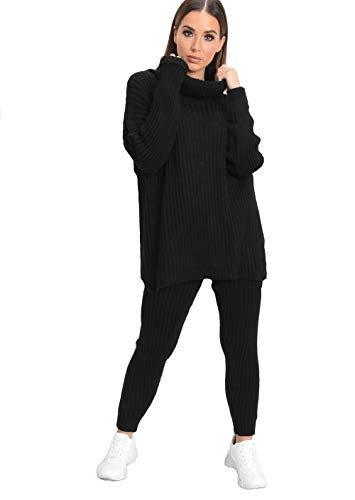 Survêtement tricot femme col roulé hiver ensemble pantalon noir