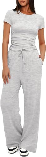 Haut à manches courtes froncées et pantalon taille haute ensemble d'été femme