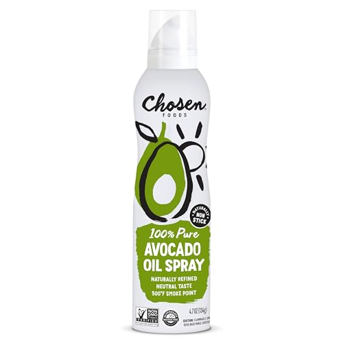 Chosen Foods 100% Pure Avocado Oil Spray 4.7 oz. (1 Pack), Non-GMO, 500°F Smoke Point, Propellant-Free, Air Pressure Only for High-Heat Cooking, Baking and Frying