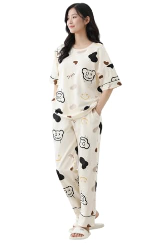 Image of Women's Pajama Set with Top & Pants|| Korean Night Wear|| Loose Fit Home Wear || Lightweight Printed Set || Soft & Comfy Girls & Women