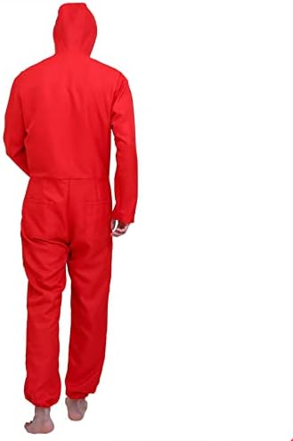 Halloween Costume Bank Robber Jumpsuit for Carnival Thief Costume Jumpsuit Red Long Sleeve Romper with Hood, Cosplay Set Mask and Machine Gun Carnival Costume