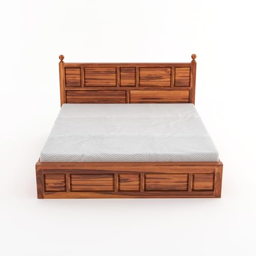 Image of Sheesham Wood Queen Size Bed with Storage Box | Wooden Box Bed Queen Size Double Cot Bed with Storage for Bedroom | Premium Lattu Design Headboard Bed for Living Room | Honey Finish