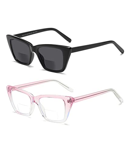 SUNAMOY Bifocal Reading Glasses Women Fashion Cat Eye Blue Light Blocking Computer Readers With Clear Top Unbreakable Stylish Oversized Ladies Sunglasses Large Cateye Eyeglasses Frame 2 Packs+1.0