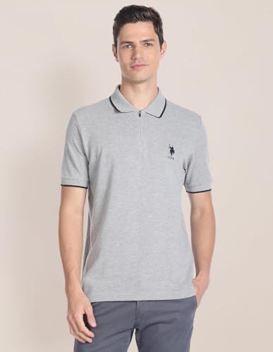 Image of U.S. POLO ASSN. Knitted Slim Fit Polo T Shirts for Men - 100% Cotton, Half Sleeves Mens Tshirt - 3XL, Grey Melange