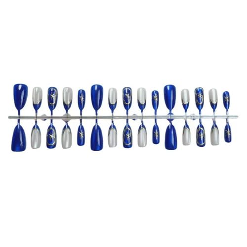 Image of Blue Nail Press ons Star Fake Nails with Gold Line Design Glitter Glue on Nails French Tip Stick on Nails Glossy Artificial Acrylic Medium Almond False Nails for Women Girls Shiny Manicure 24Pcs