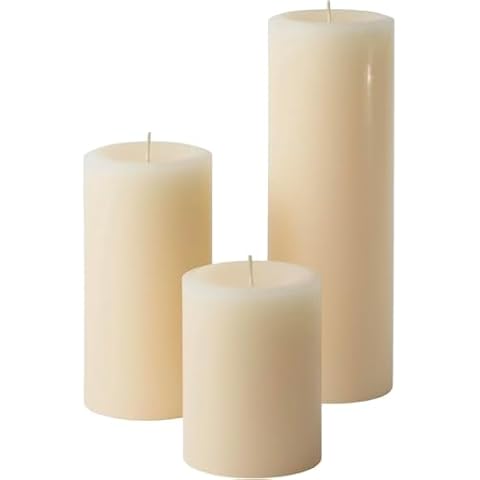 Mister Candle Unscented Dripless Pillar Candles Set of 3, Hand Poured 3 Inch Candles, Premium Wax, Decorative Pillar Candles Made in USA, (3" x 4", 3" x 6", and 3" x 9", Ivory) Cover
