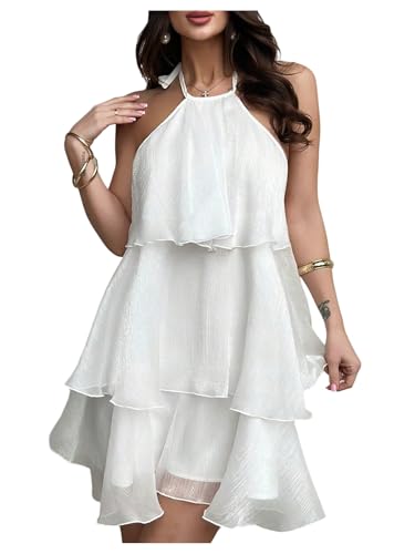 Floerns Women's Elegant Tie Backless Halter Chiffon Dress Sleeveless Tiered A Line Ruffle Hem Flowy Mini Dresses