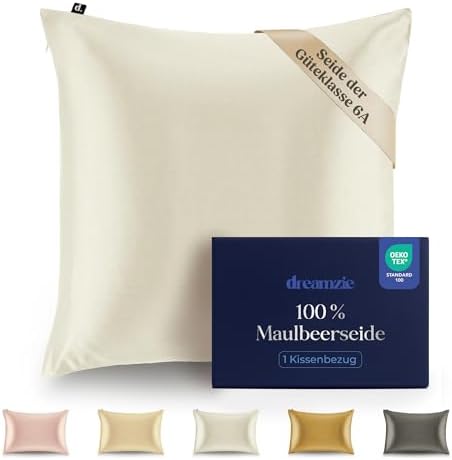 Dreamzie Seidenkissenbezug 100% Silk Pillowcase 22 Momme Güteklasse 6A - Oeko-Tex Zert. für Haar und Haut - 1 Stück - Weiß - 60 x 60 cm